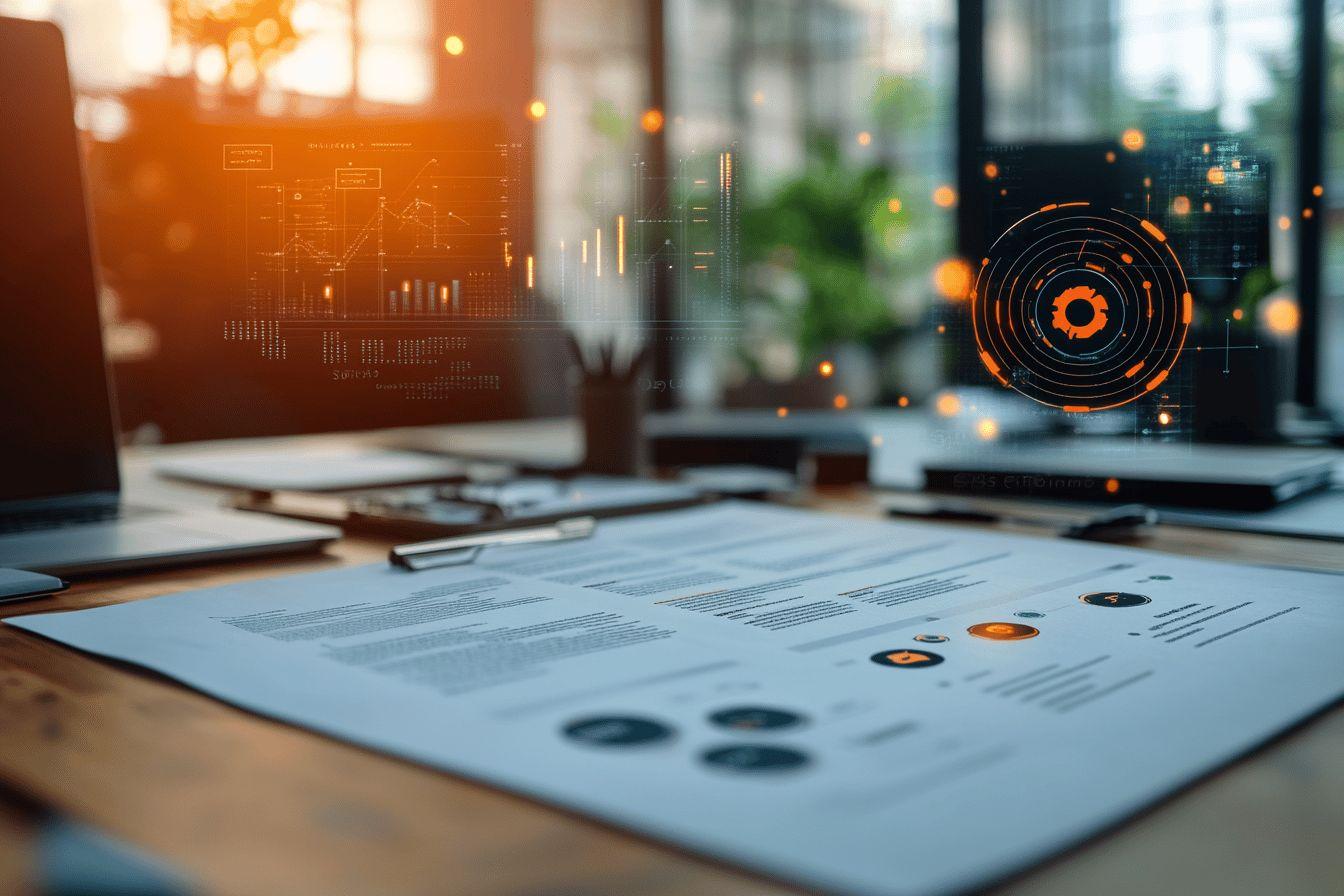 Documents et graphiques numériques sur un bureau moderne avec lumière