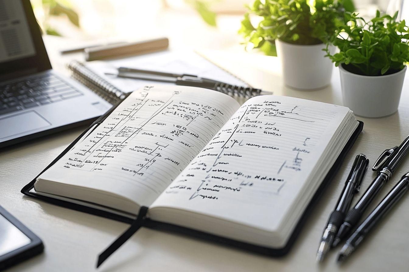 Carnet ouvert, stylos et plantes vertes sur un bureau blanc