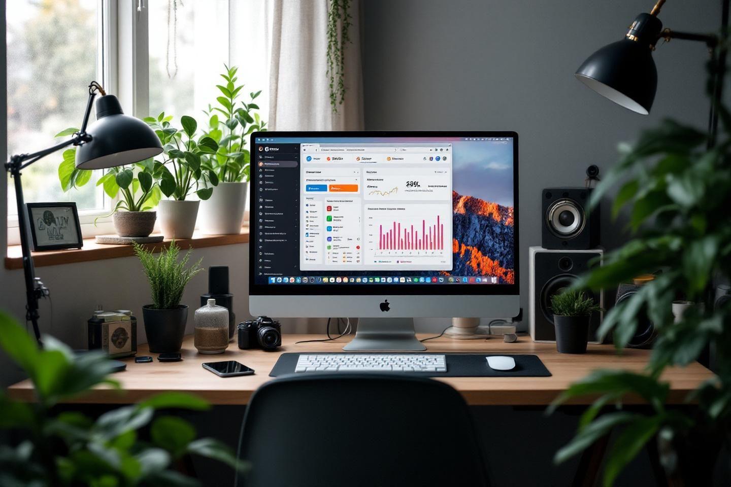 Espace de travail Apple avec écran, plantes et accessoires tech