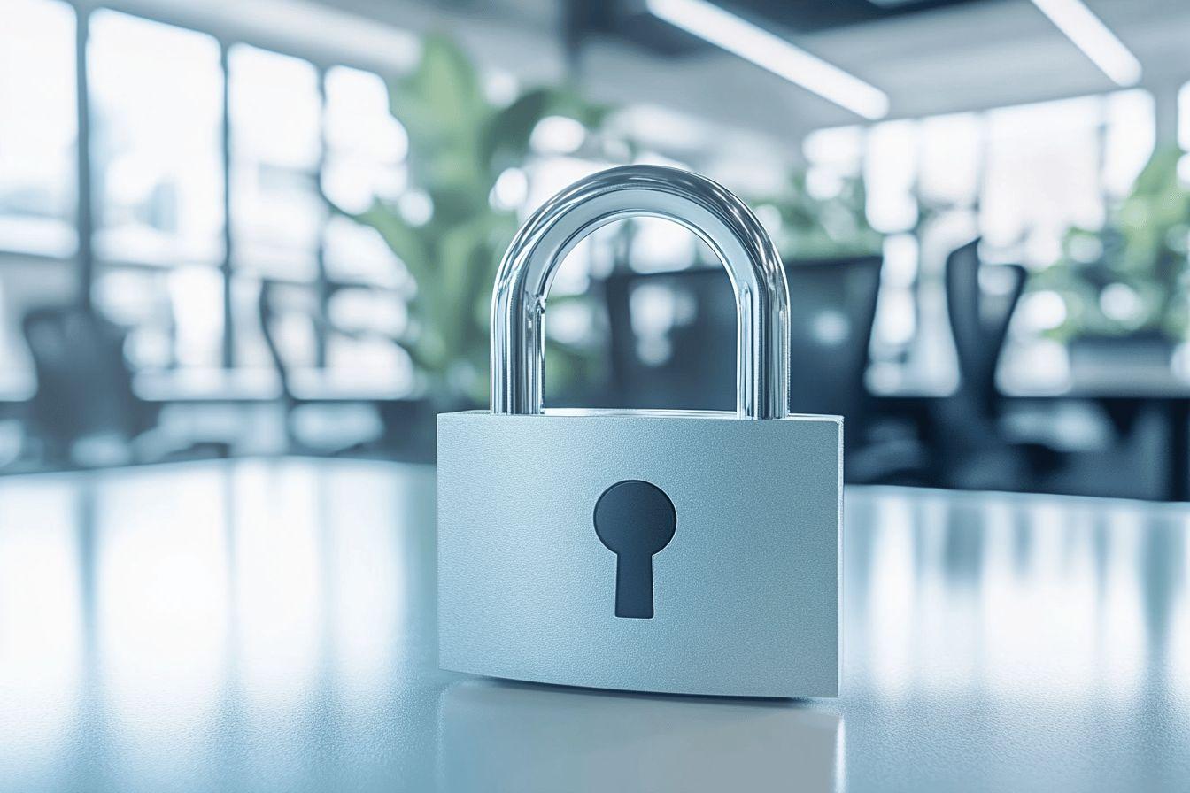 Cadenas argenté avec serrure sur fond de bureau moderne