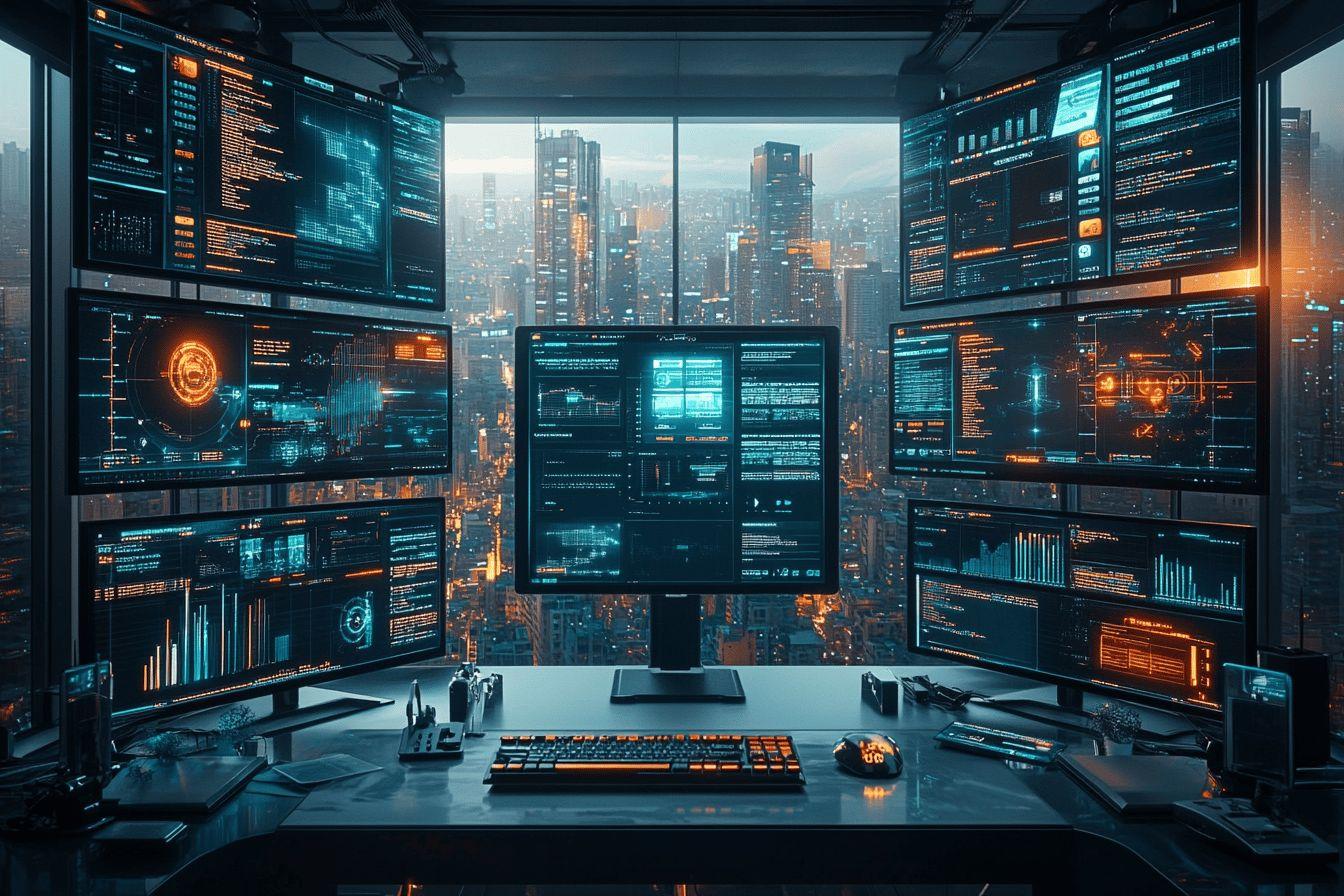 Poste de travail high-tech avec écrans multiples dominant une ville