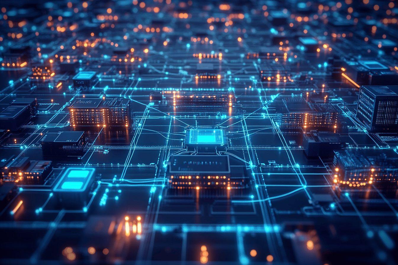 Réseau électronique bleu et orange avec processeurs interconnectés