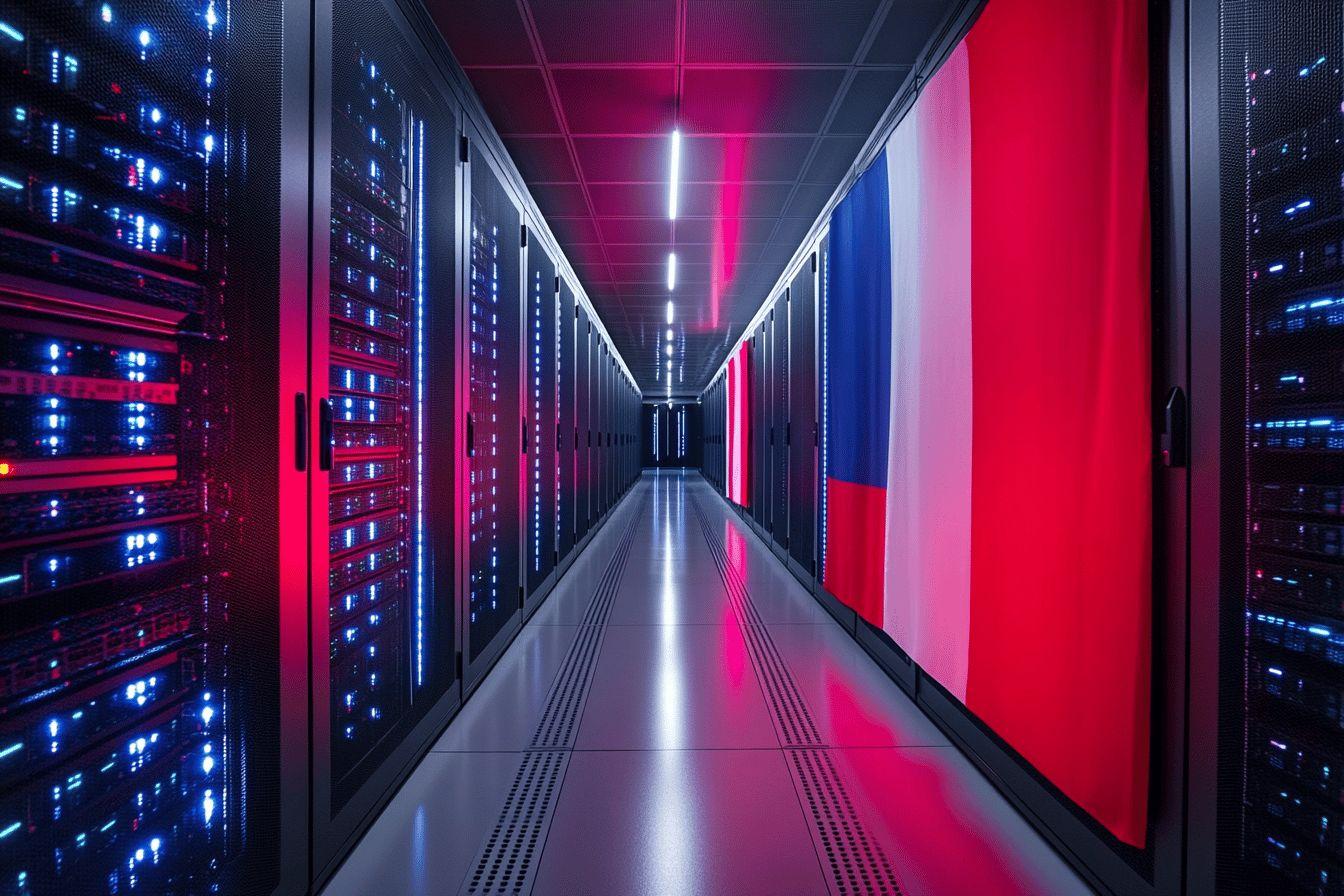 Allée de serveurs avec éclairage rouge et bleu néon