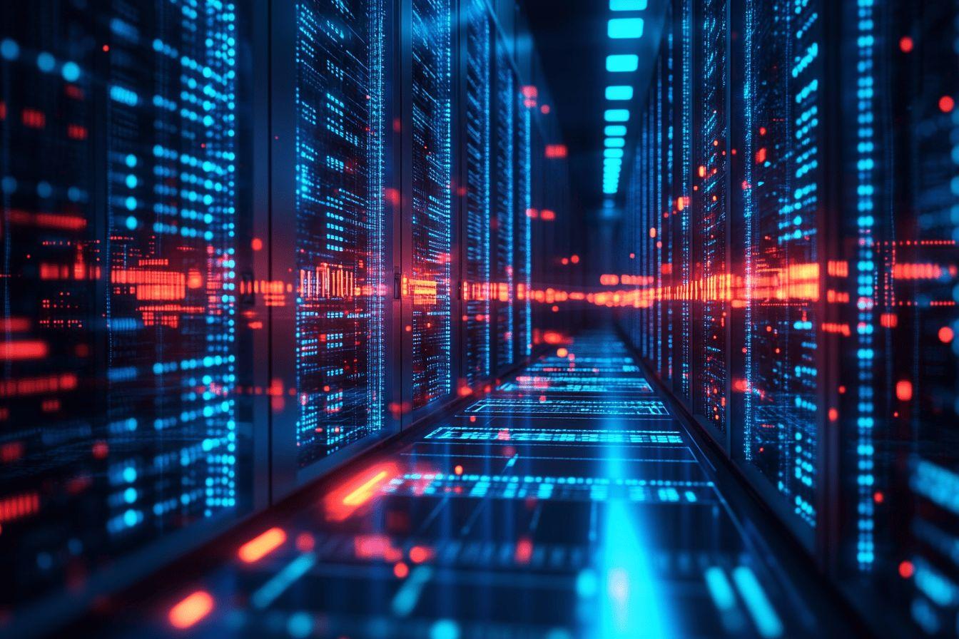 Perspective de serveurs de données avec lumières bleues et rouges