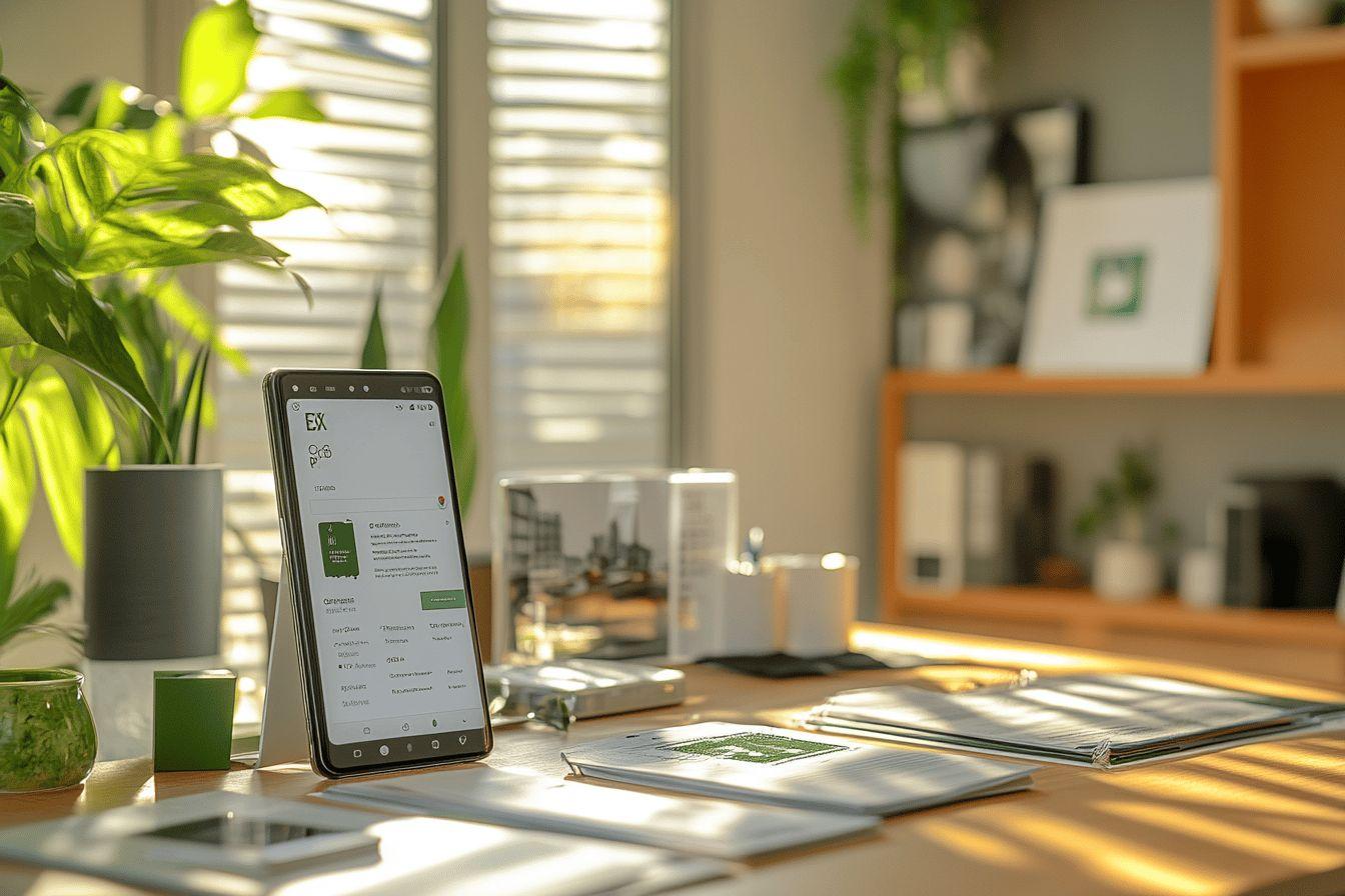 Smartphone, documents et plantes vertes sur un bureau lumineux