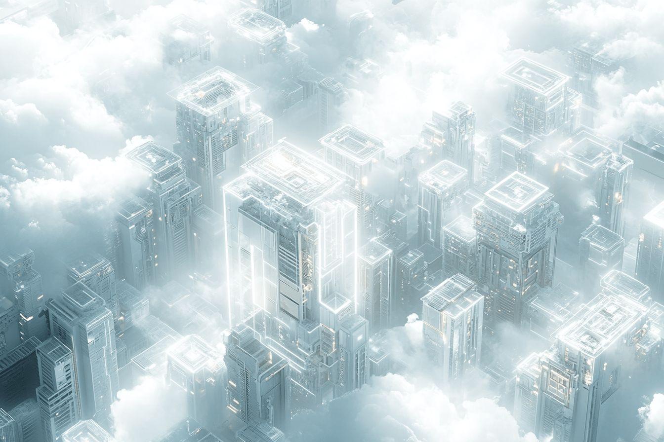 Vue aérienne de buildings transparents flottant dans le brouillard