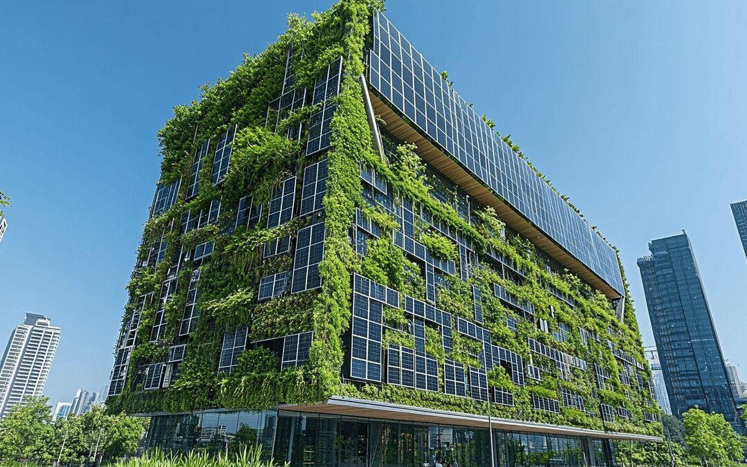 Bâtiment moderne avec panneaux solaires et végétation luxuriante