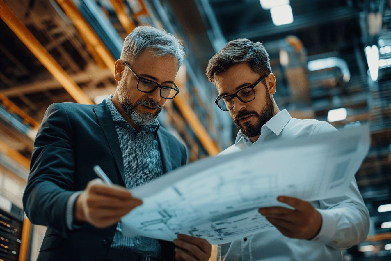 Deux professionnels étudiant un document technique en usine