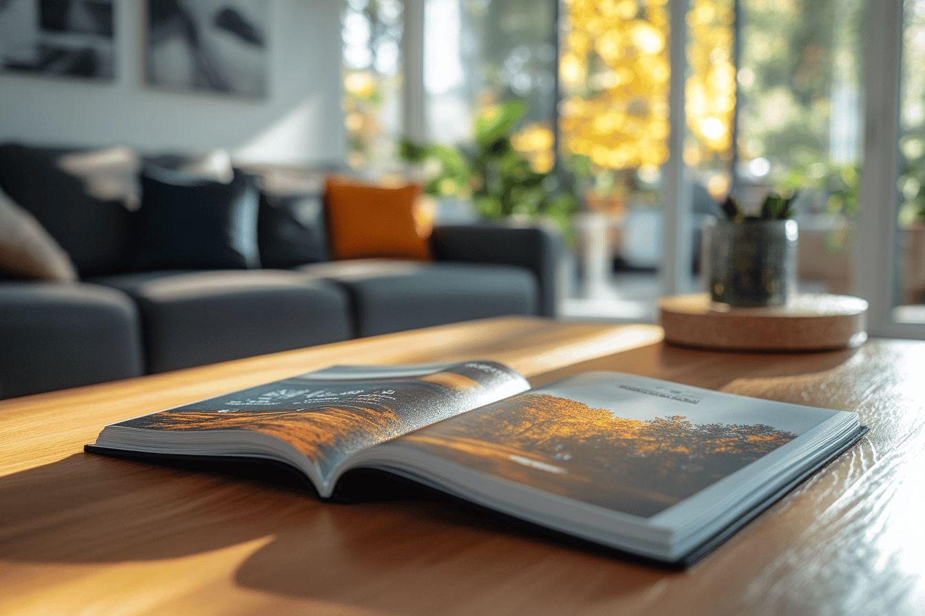 Magazine sur table basse en bois, canapé gris et fenêtre