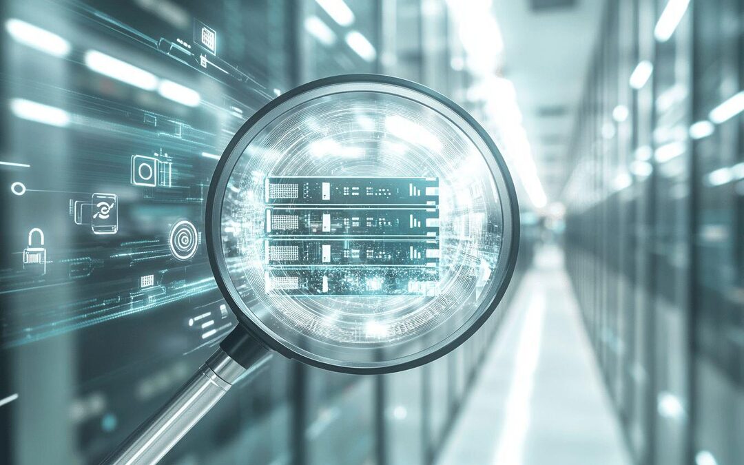 Loupe technologique révélant des serveurs dans un datacenter futuriste