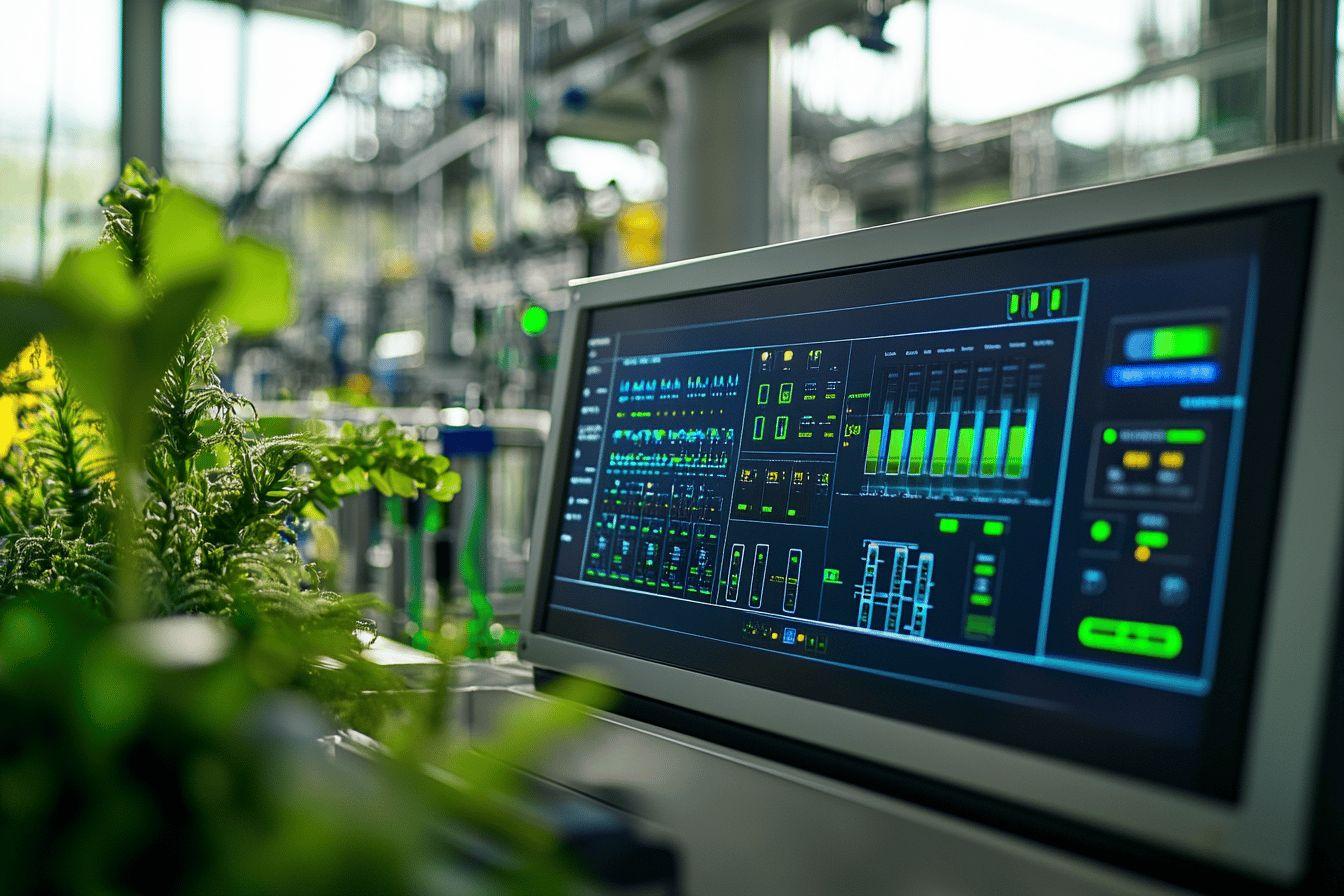 Écran de contrôle avec plantes vertes en laboratoire industriel