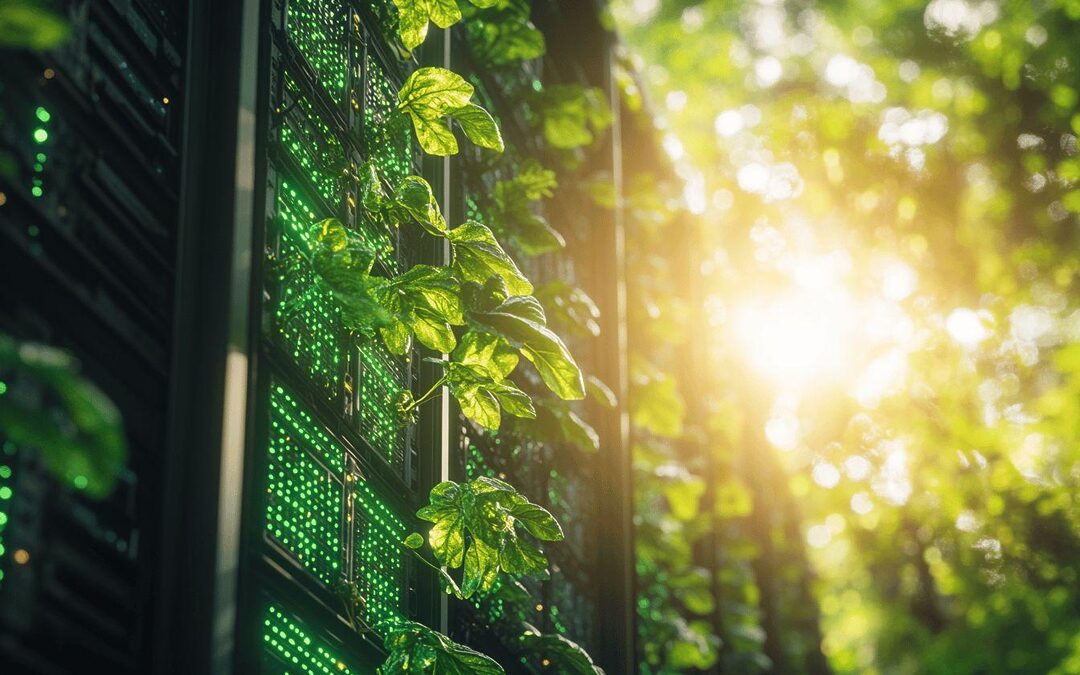 Feuilles vertes sur panneau technologique avec lumière solaire