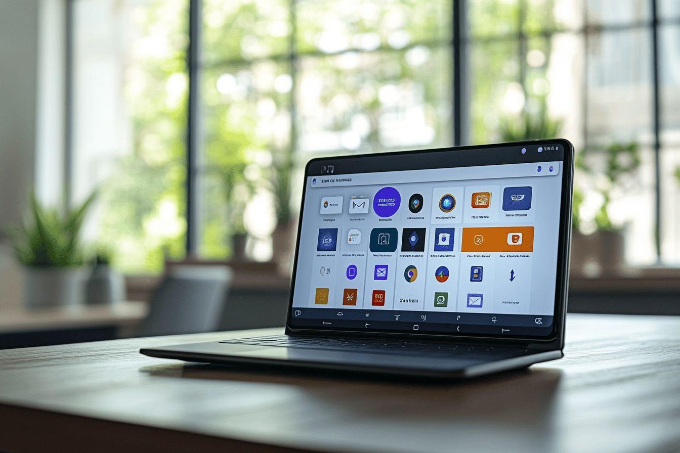 Ordinateur posé près d'une fenêtre avec interface de nombreuses applications