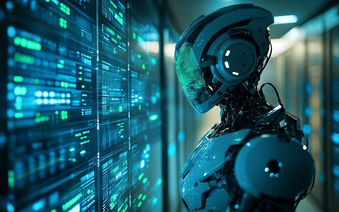 Robot cybernétique devant un écran de données technologiques bleu-vert