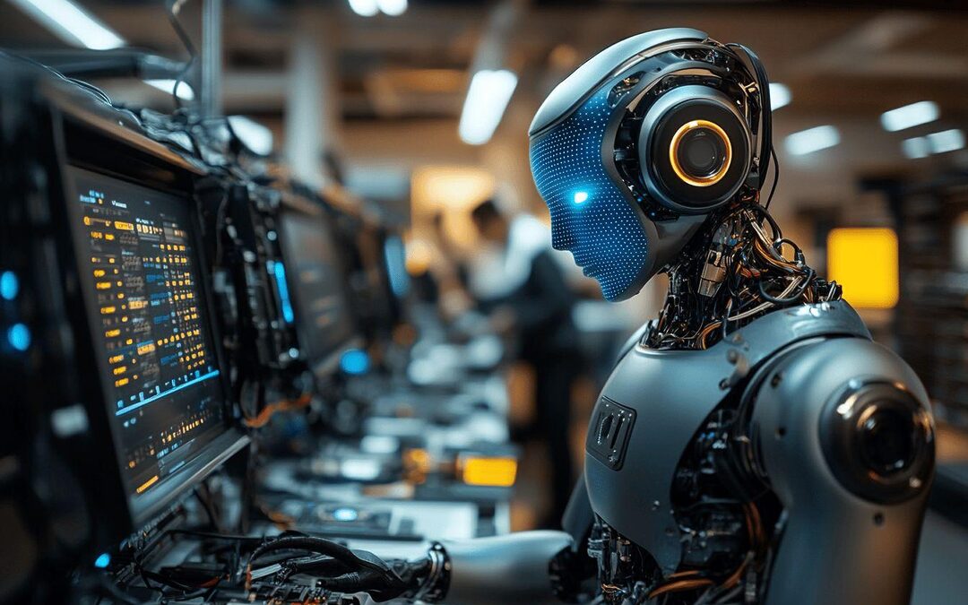 Robot cybernétique bleu analysant des écrans de données dans un laboratoire