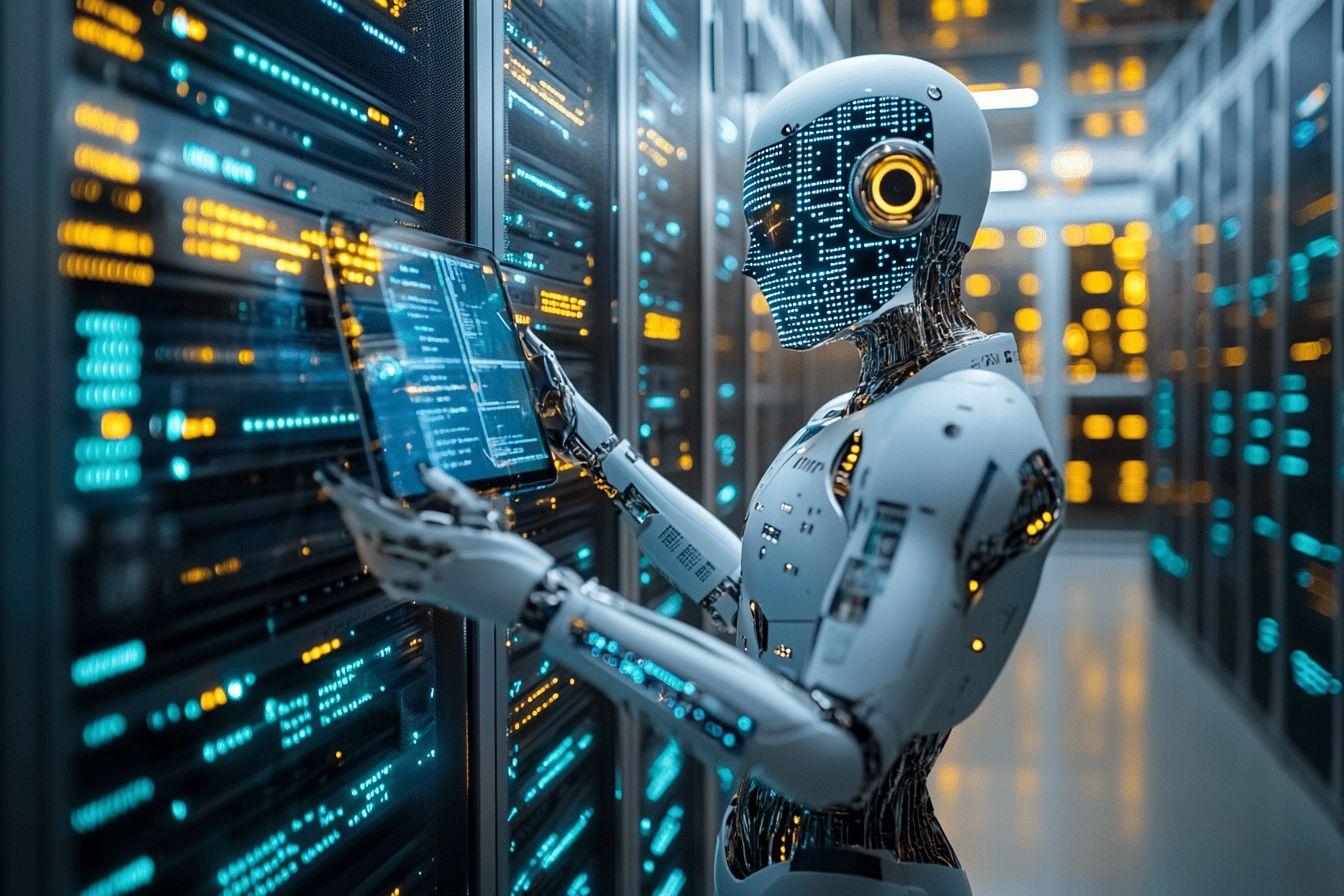 Robot argenté interagissant avec écran de données dans centre informatique