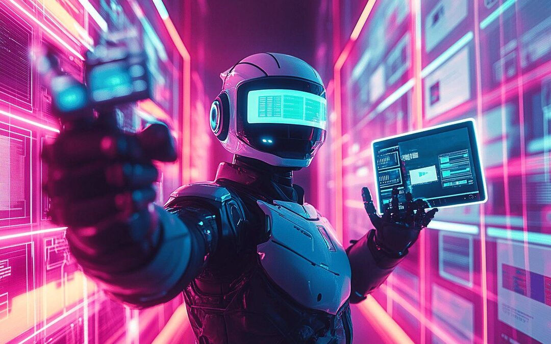 Robot futuriste avec écran, environnement technologique rose et bleu