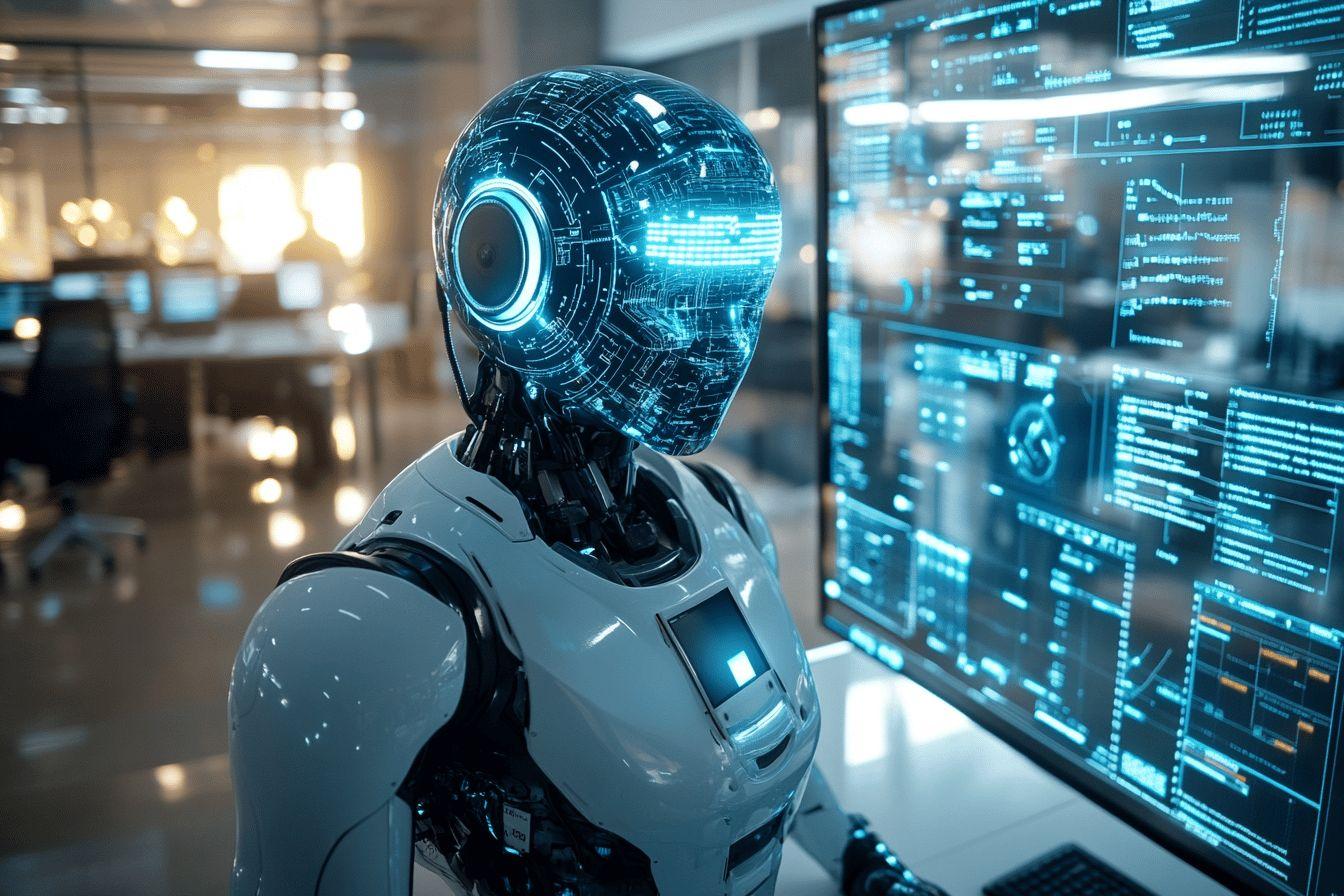 Robot cybernétique blanc et bleu devant des écrans numériques
