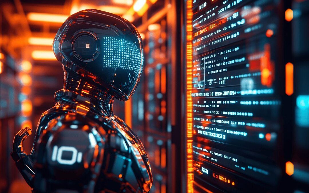 Robot cybernétique bleu-orange analysant un écran de données technologiques