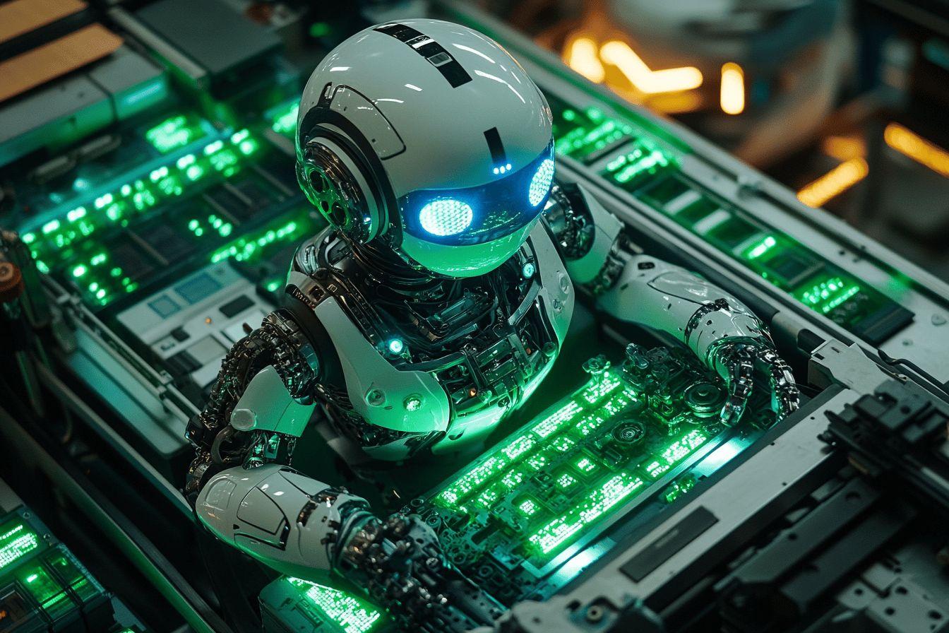 Robot blanc et bleu posé sur des circuits électroniques lumineux verts