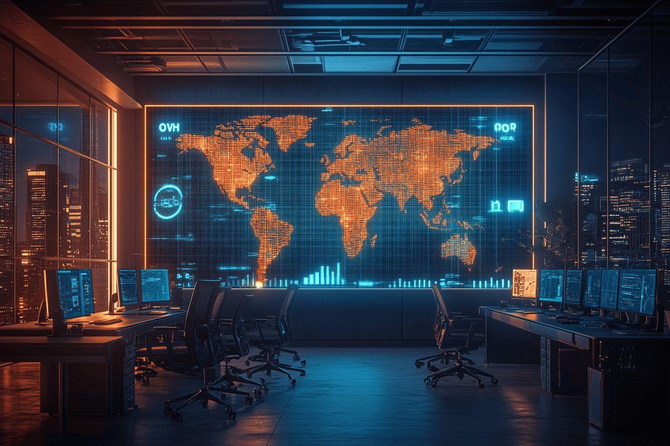 Écran géant de carte du monde dans un bureau futuriste high-tech