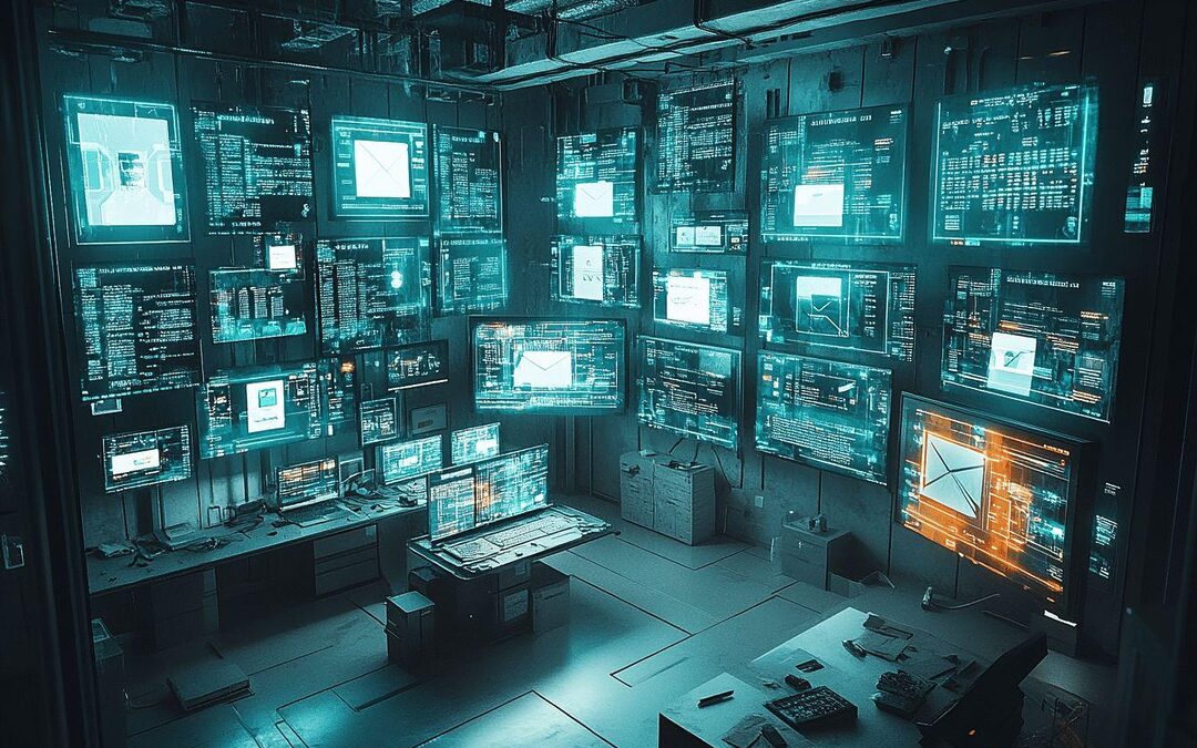 Écrans numériques multiples dans un environnement cyberpunk sombre