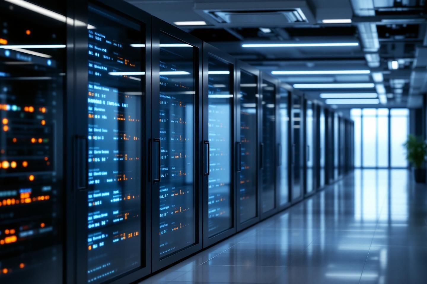 Rangées de serveurs avec écrans bleus dans un datacenter high-tech