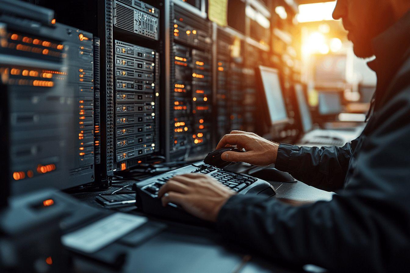 Technicien travaillant sur des serveurs avec des voyants lumineux