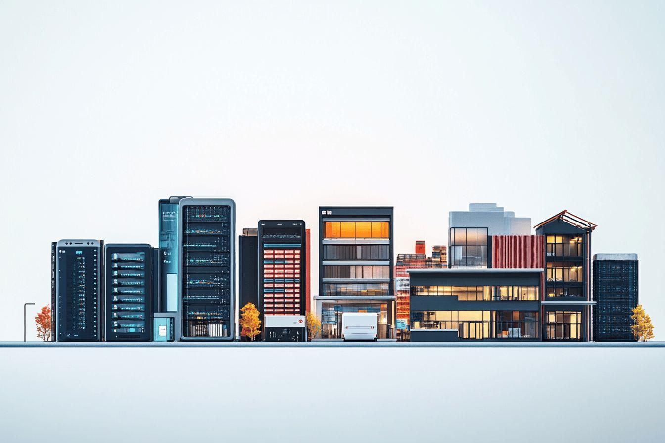 Rangée de bâtiments techniques et modernes avec serveurs et immeubles