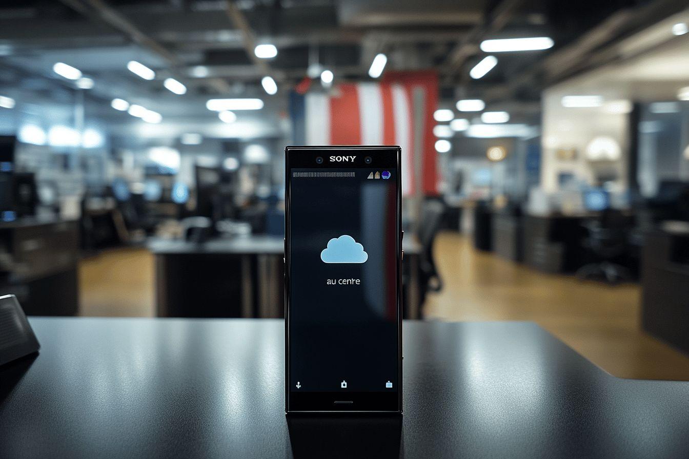 Téléphone Sony noir avec icône nuage sur écran