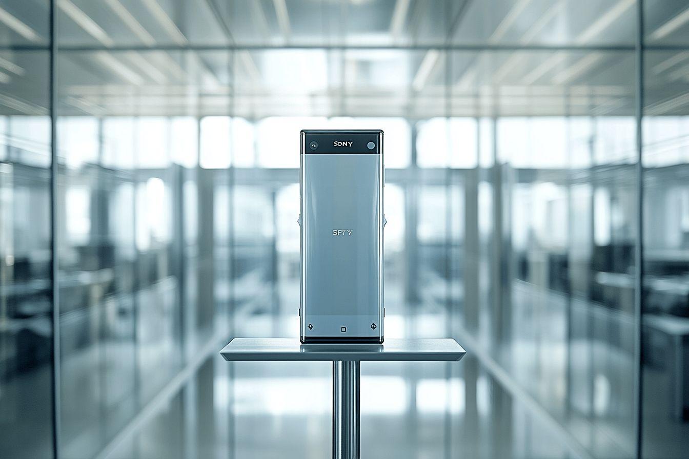Téléphone Sony argenté brillant sur support métallique dans un environnement moderne