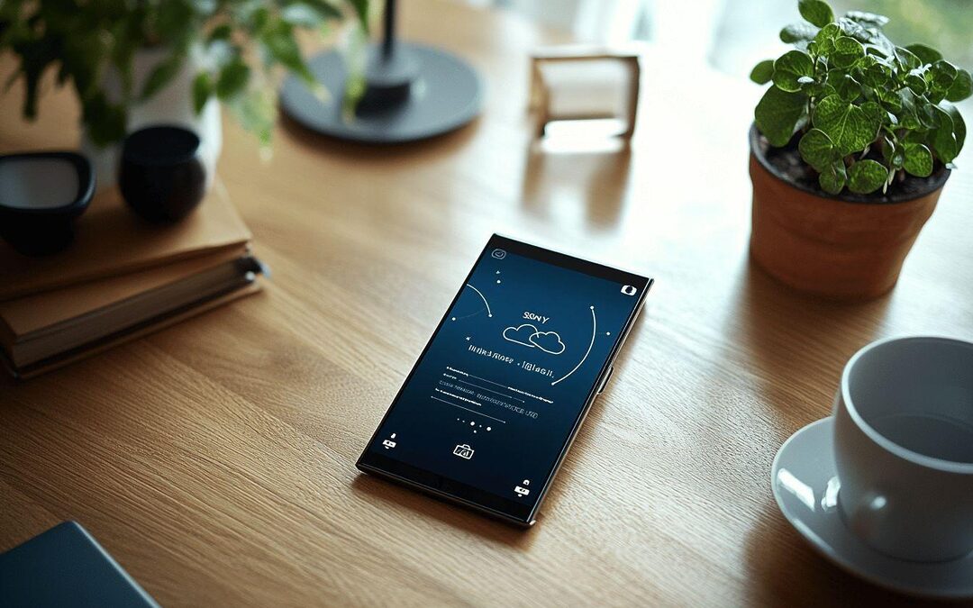 Téléphone Sony avec écran bleu, entouré de plantes et tasse