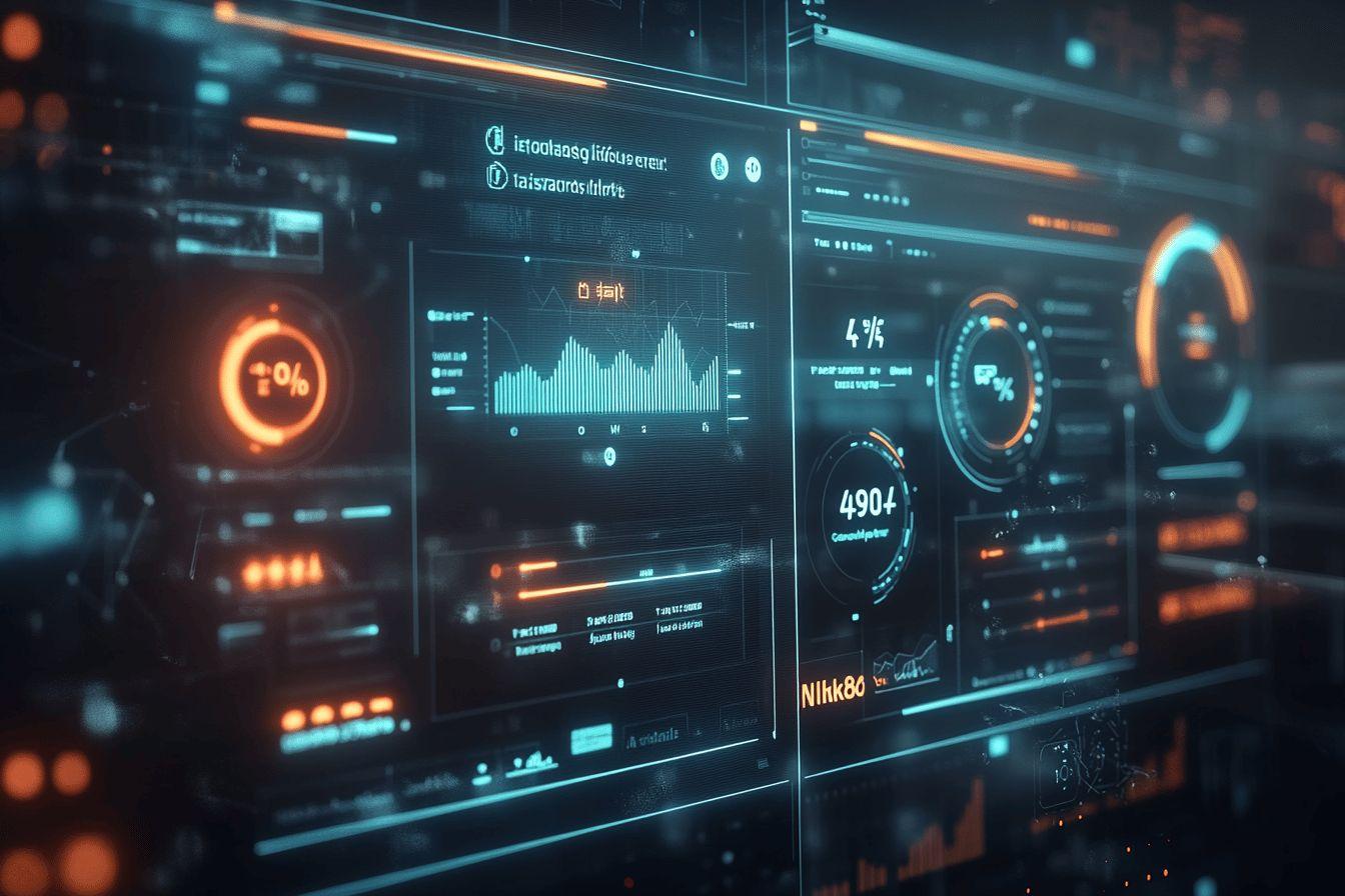 Interface numérique avec graphiques et données en bleu et orange