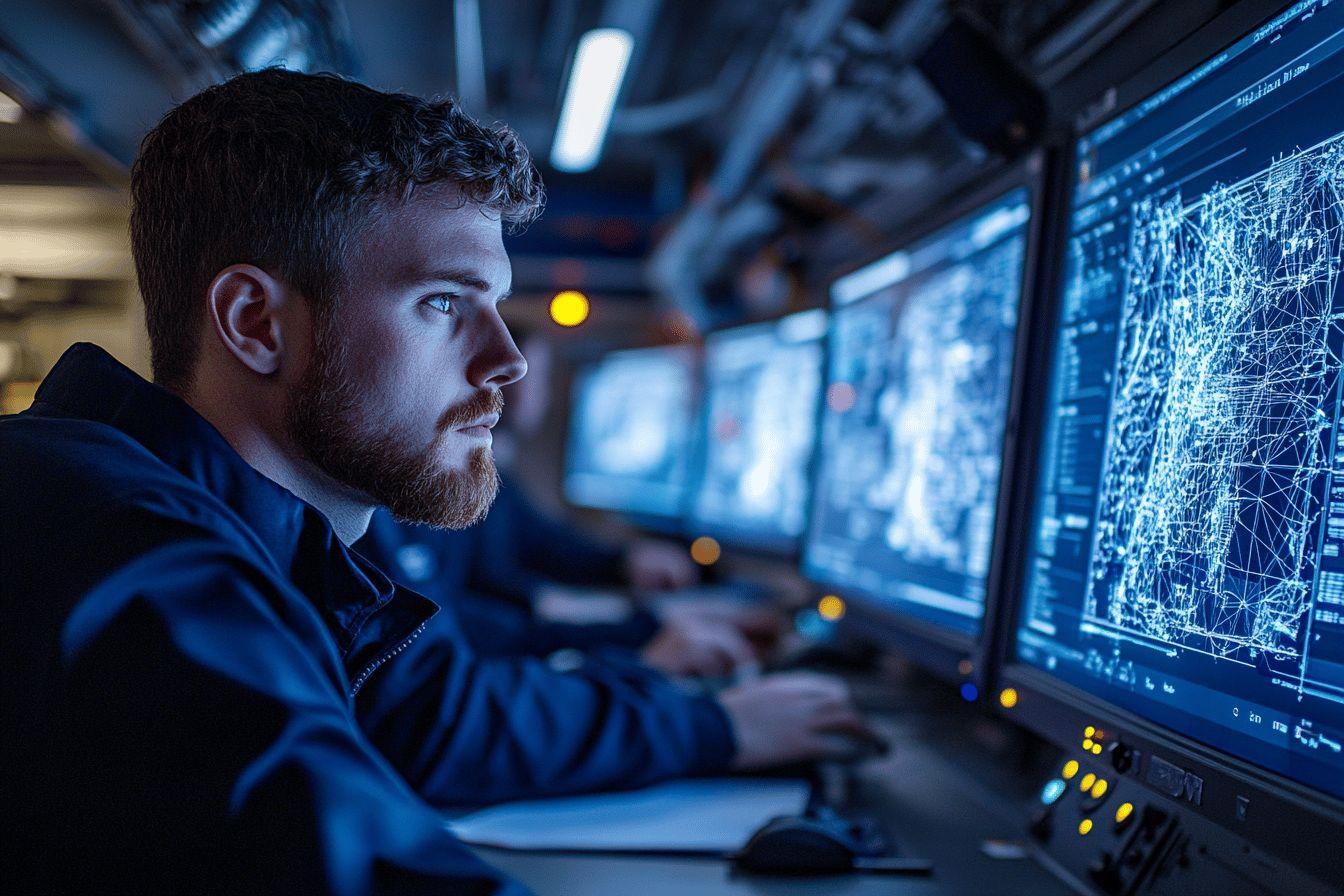 Homme concentré devant des écrans de données technologiques bleutés