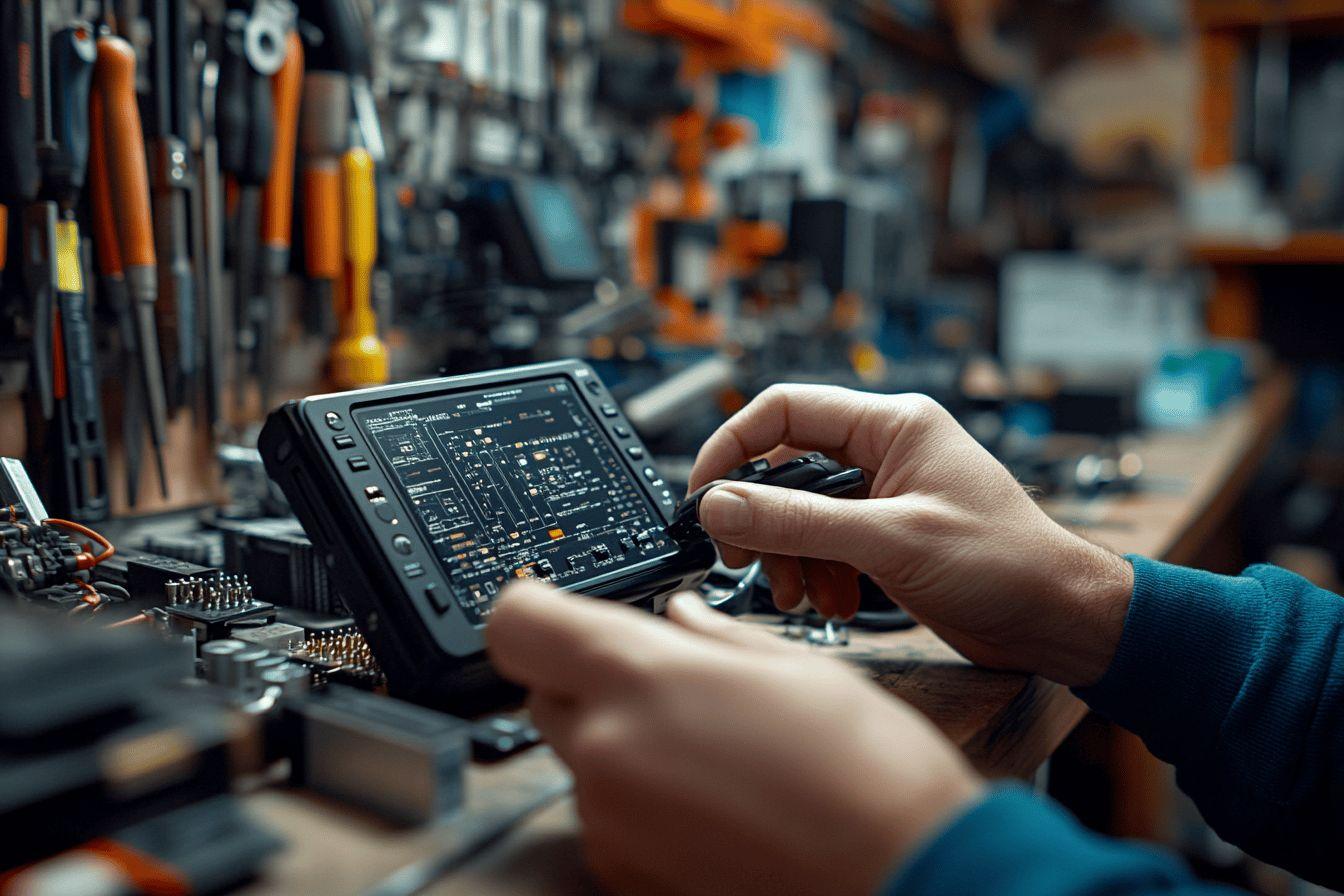 Main manipulant un appareil électronique dans un atelier technique