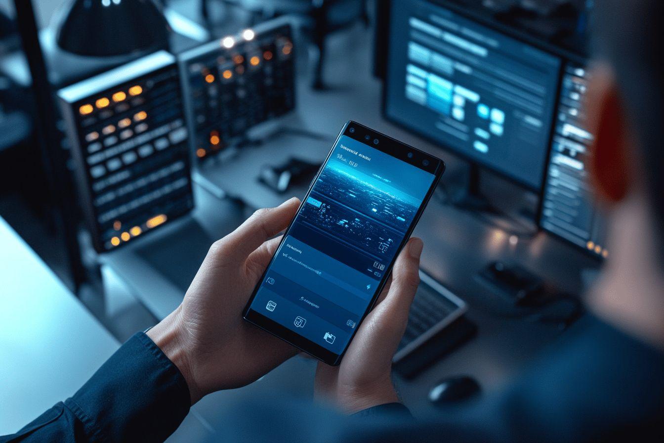Smartphone dans une main, écrans de surveillance en arrière-plan