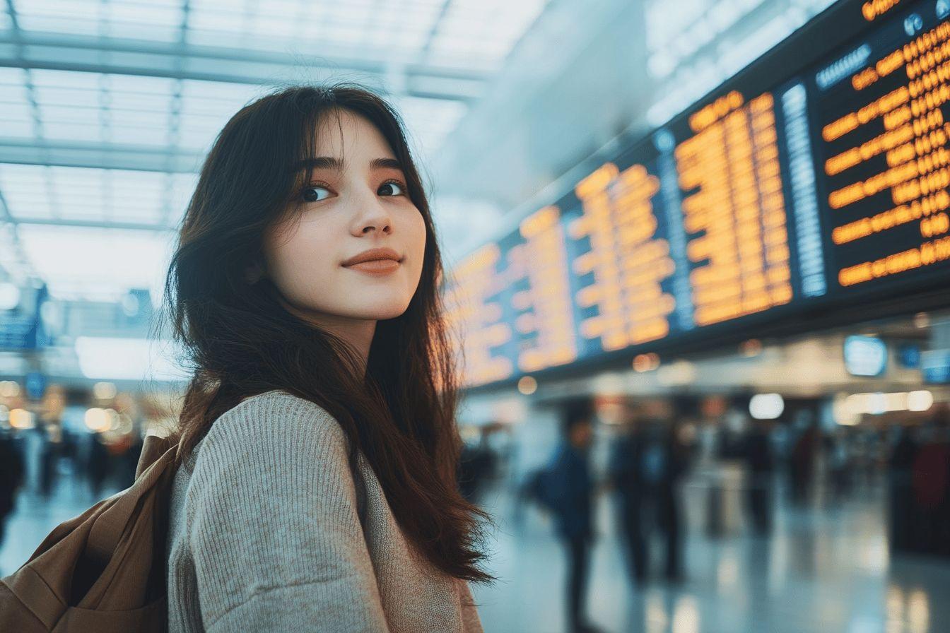Jeune femme près d'un tableau d'affichage dans une gare moderne