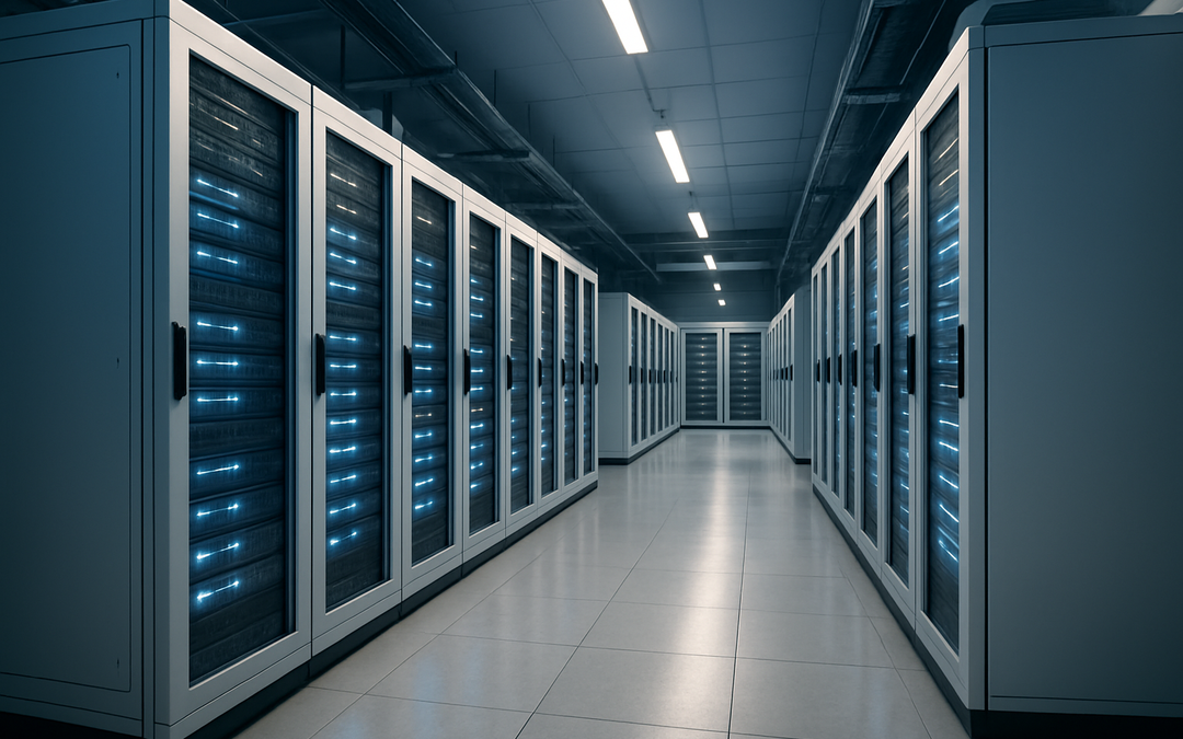 Modern eco-friendly data center with white servers blue LED lights clean environment high-tech cooling system