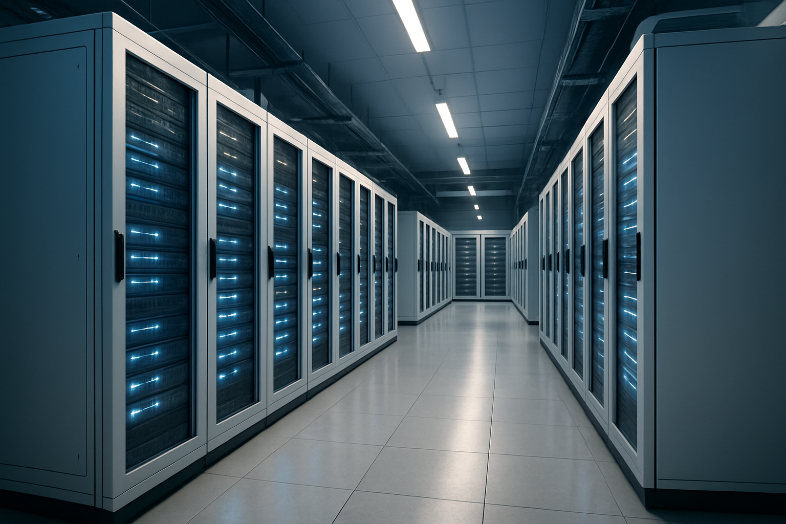 Modern eco-friendly data center with white servers blue LED lights clean environment high-tech cooling system