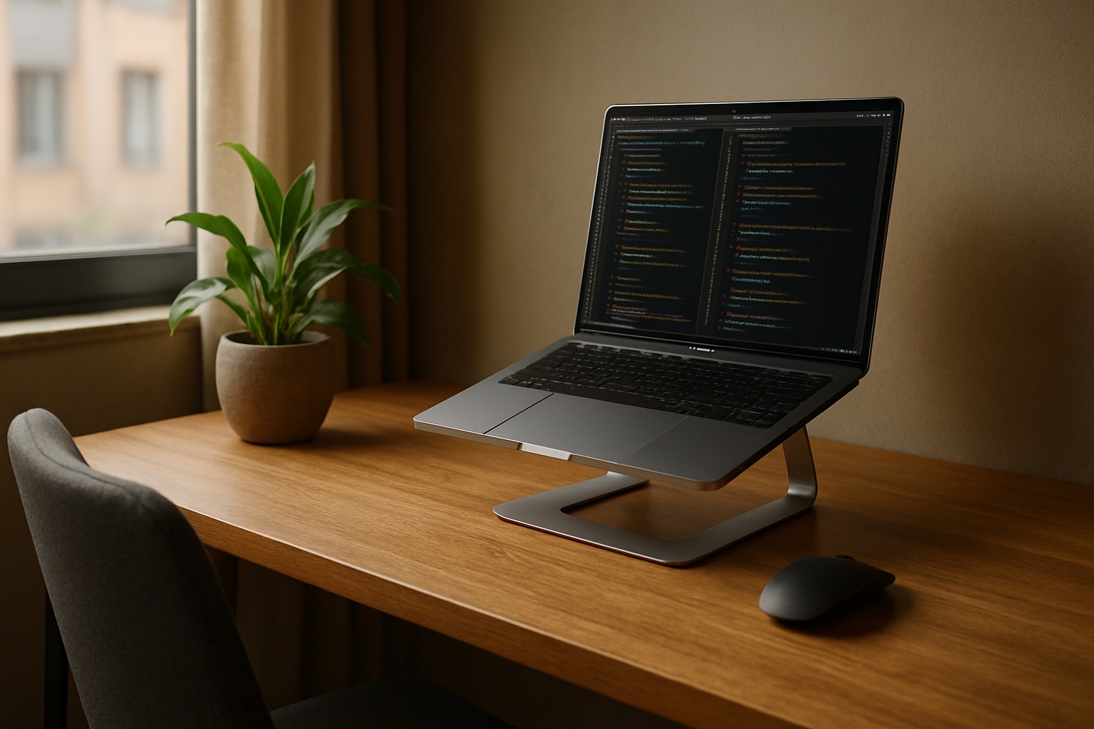 Modern minimalist developer workspace setup with wooden desk MacBook Pro potted plant natural lighting code editor