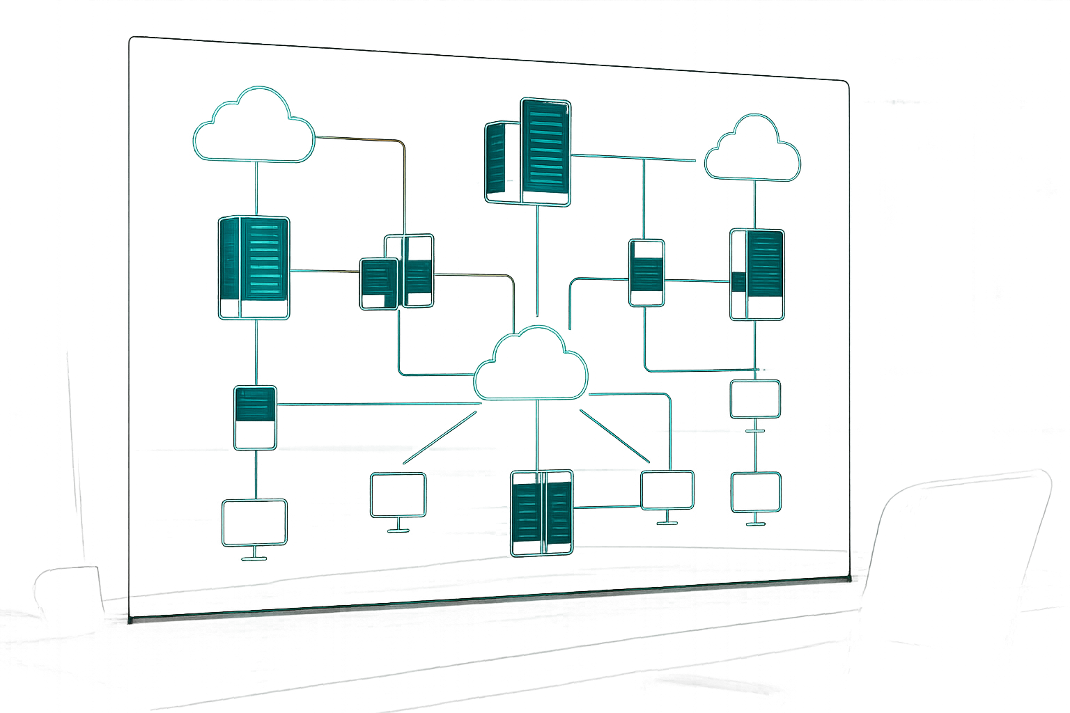 Network architecture diagram on transparent screen with blue green lighting servers data centers cloud connections