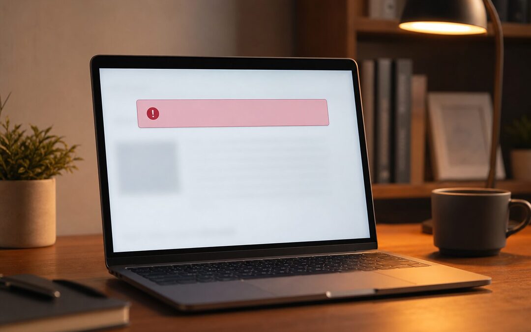 Écran d'ordinateur portable affichant une bannière de notification d'erreur sur un site web, illustrant le message d'erreur critique WordPress