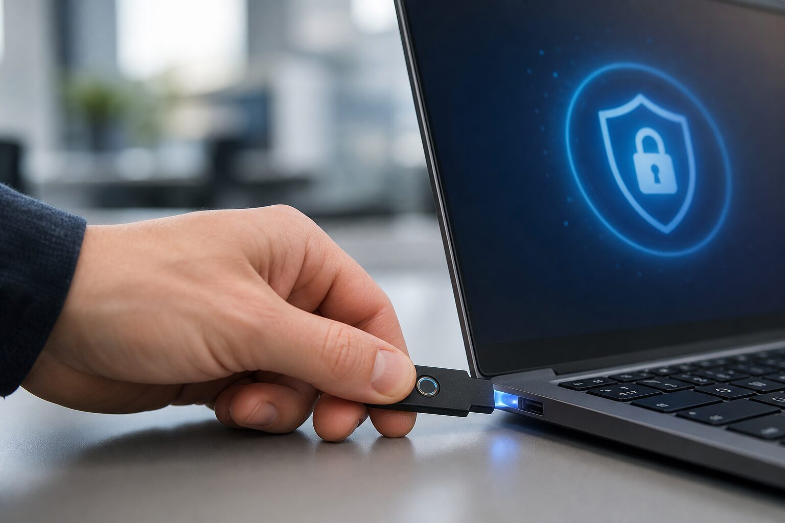 Main insérant une clé de sécurité USB FIDO2 dans un ordinateur portable pour s'authentifier