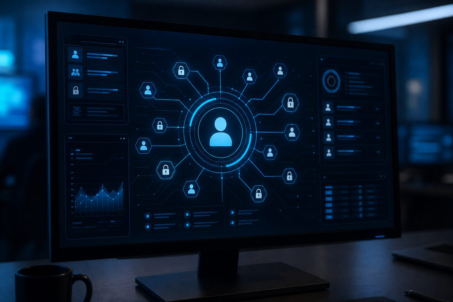 Écran affichant un tableau de bord de gestion des identités et des accès, avec icônes d'utilisateurs et de droits d'accès