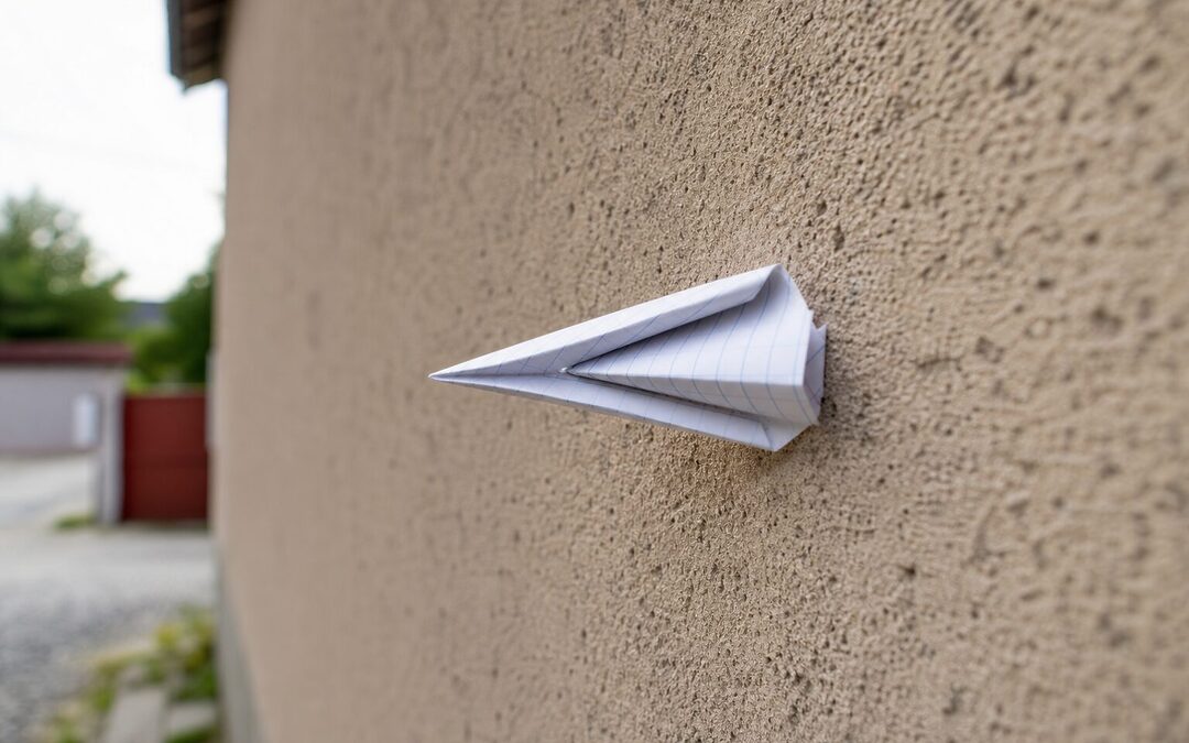Avion en papier plié à partir d'une lettre, arrêté en plein vol contre un mur au lieu d'atteindre une boîte aux lettres, illustrant un message qui n'arrive pas à destination