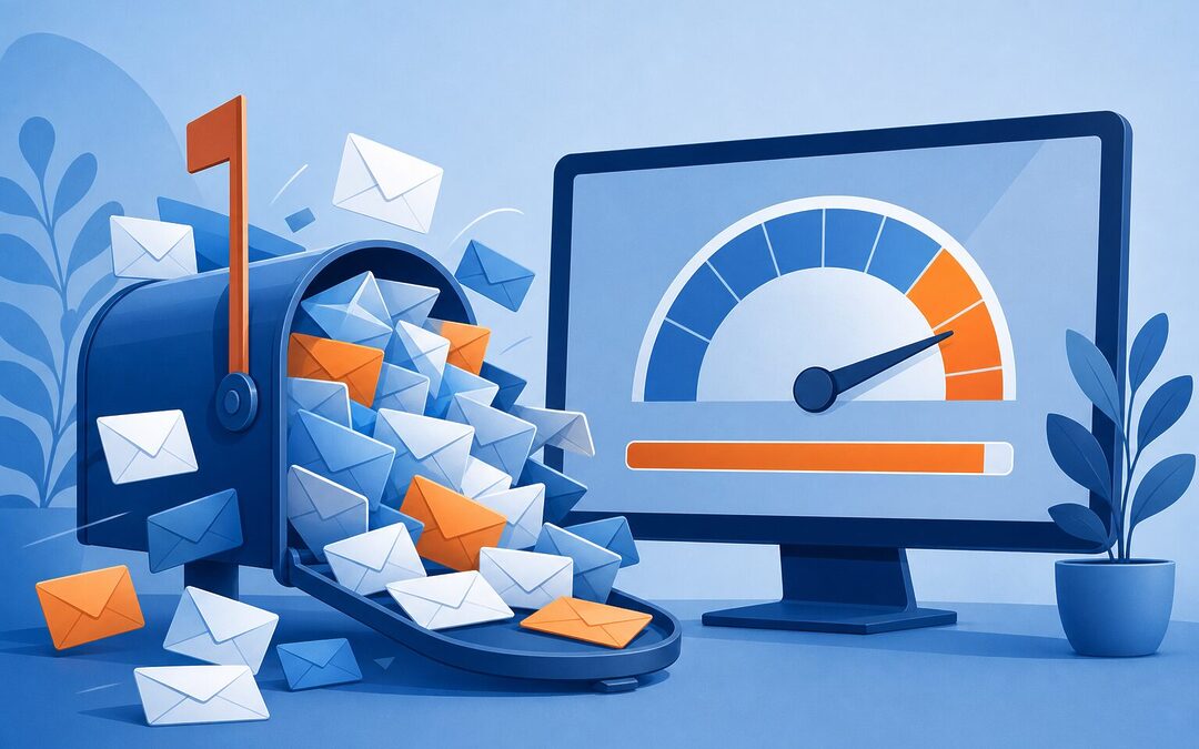 Illustration d'une boîte mail professionnelle saturée d'e-mails avec une jauge de stockage proche de la limite