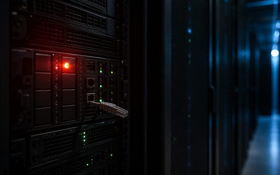 Baie de serveurs avec un voyant d'alerte rouge et un câble réseau débranché, illustrant une coupure de connexion entre un proxy et un serveur d'origine