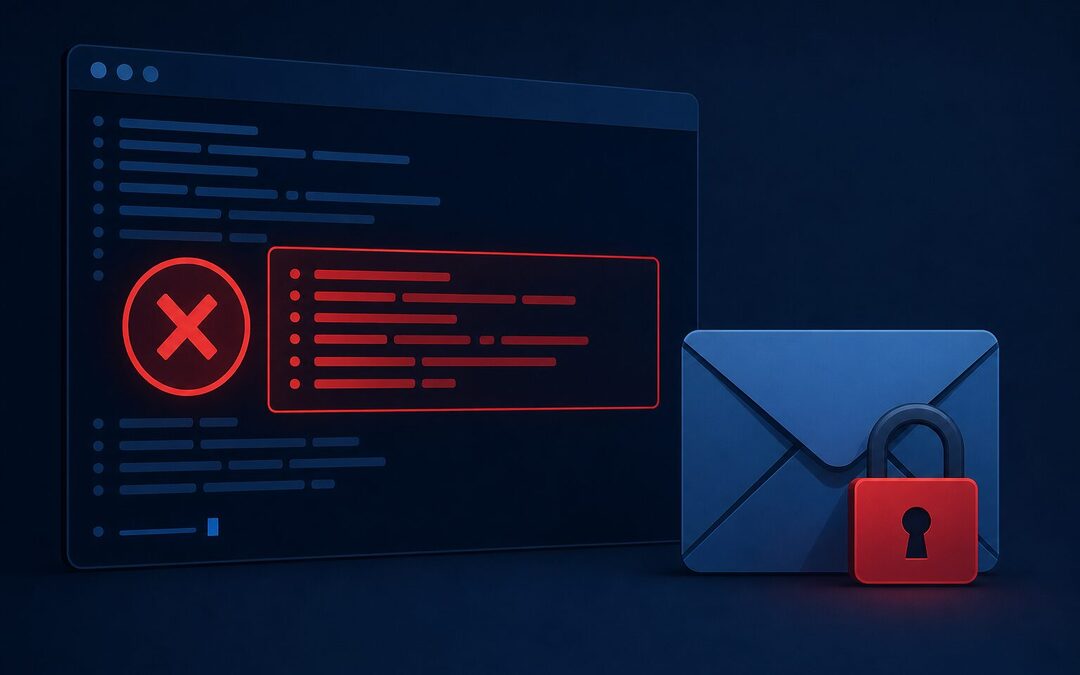 Écran de terminal affichant un message d'erreur SMTP 554 en rouge à côté d'une icône d'enveloppe bloquée