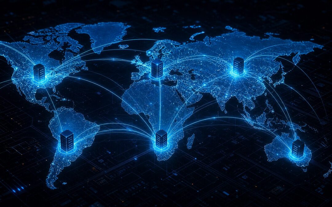 Carte du monde stylisée avec des serveurs lumineux reliés par des lignes de connexion, illustrant la diffusion progressive d'une information DNS à travers le globe